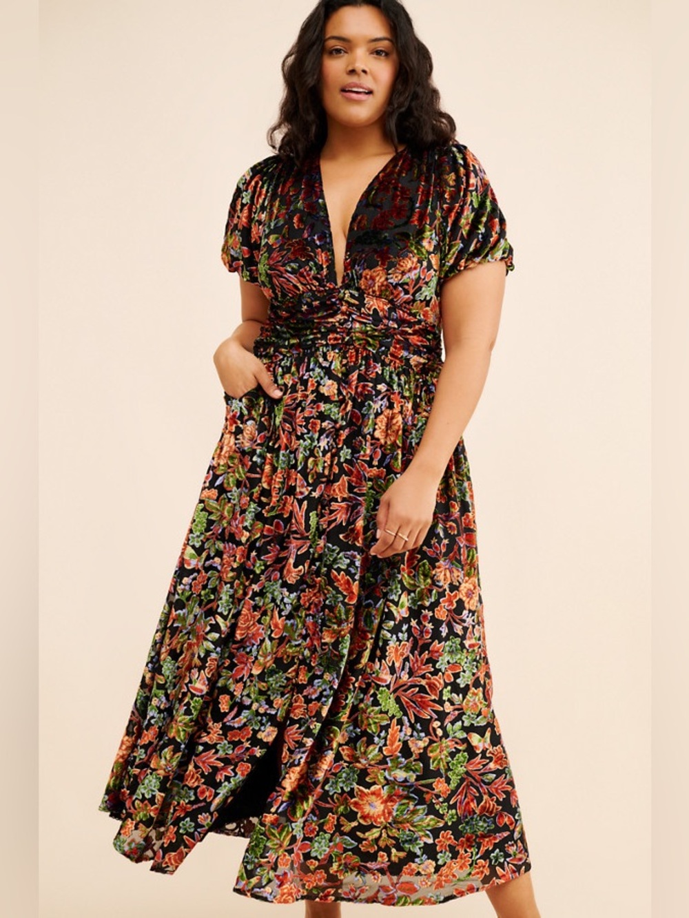 By Anthropologie Katerina Button-Front Burnout Velvet Floral Midi Dress US 16 - Picture 2 of 11